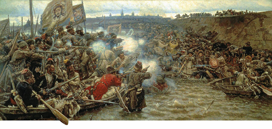 » Ruslar Sibirya’da: Ruslar tarafından ‘Sibirya Fatihi’ diye anılan Yermak’ın Sibir seferini anlatan Vasiliy Surikov’a tablo. 