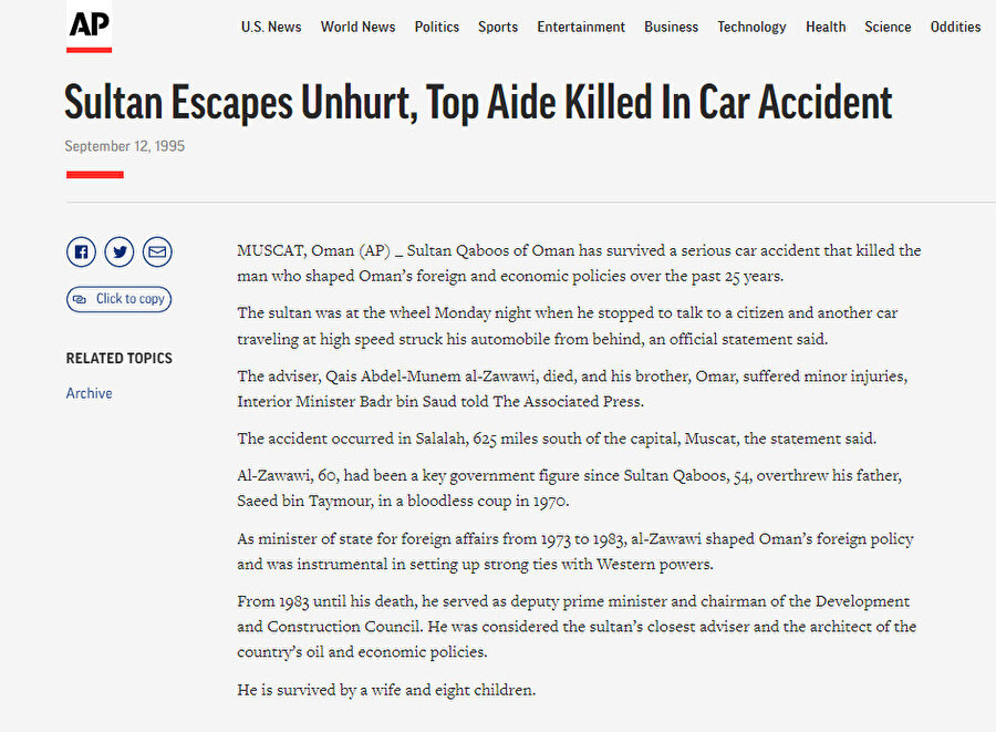 Kâbûs bin Saîd’in 1995 yılında geçirdiği trafik kazası, Amerika merkezli haber ajansı Associated Press’te bu şekilde işlenmişti.