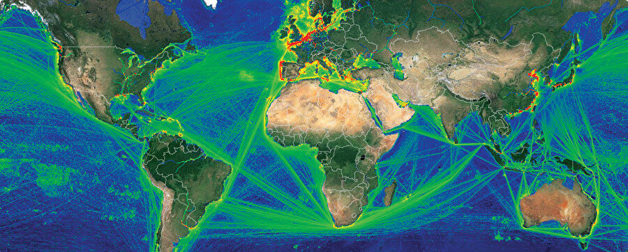 Küresel deniz ticareti rotaları.