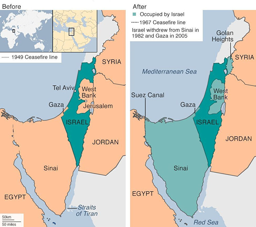 İsrail topraklarının Altı Gün Savaşı'ndan öncesi ve sonrası: 1 Haziran'da savaş sona erdiğinde, İsrail sınırlarını 3,5 kat genişletmiş; Doğu Kudüs, Batı Şeria, Golan Tepeleri, Sina Yarımadası ve Şeba Çiftlikleri'ni (Lübnan) işgal etmişti.