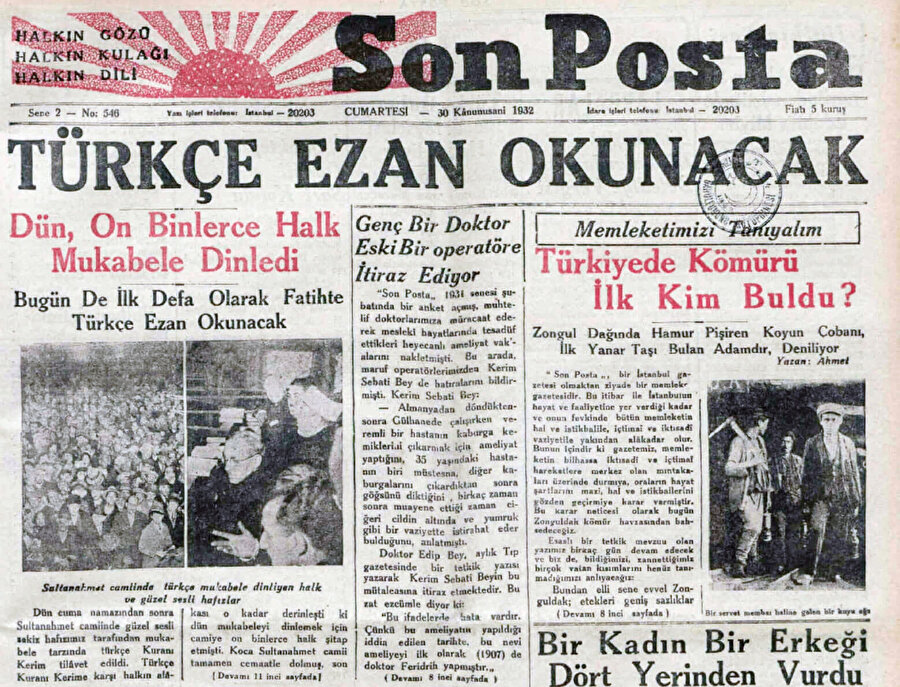 Son Posta gazetesi, 'Türkçe ezan okunacak' manşeti.