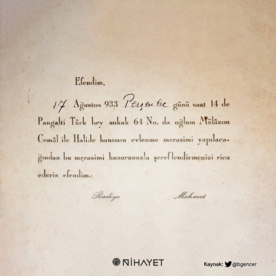 30'lu yıllardan düğün davetiyesindeki nezaket