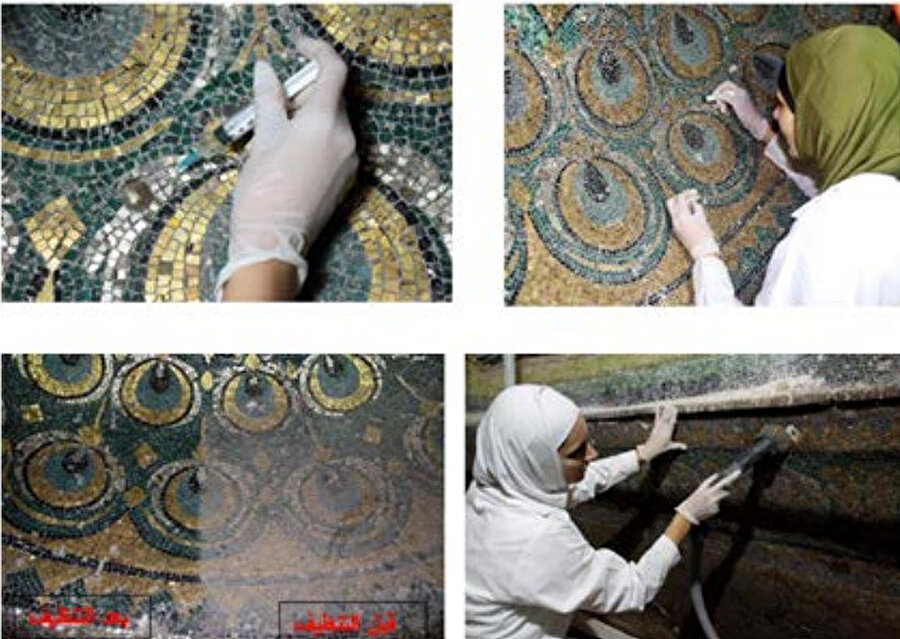 2015 yılında Haşimi Krallığı tarafından yürütülen Kubbetu's-Sahra mozaiğinin restorasyonu.