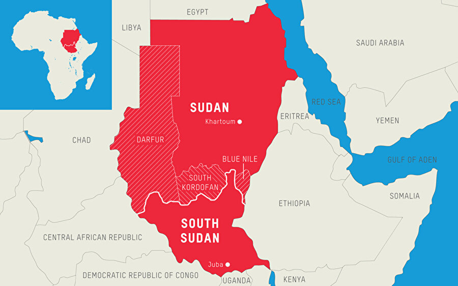 Yaklaşık 45 milyon nüfusa sahip Doğu Afrika ülkesi Sudan'ın coğrafik konumu.