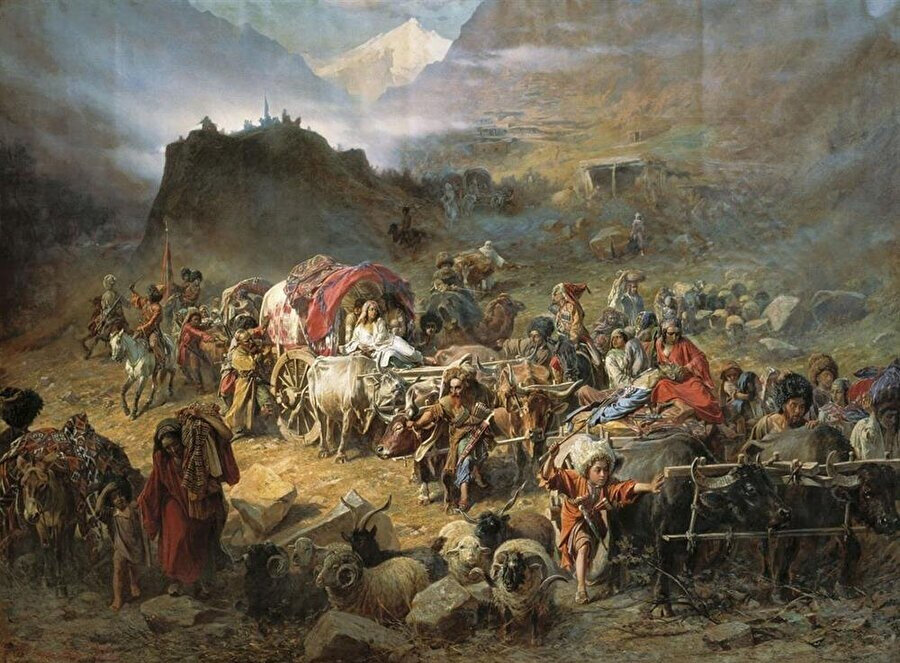 P.N. Gruzinsky'nin Çerkeslerin anavatanlarını terk edişlerini resmeden 1872 tarihli tablosu.