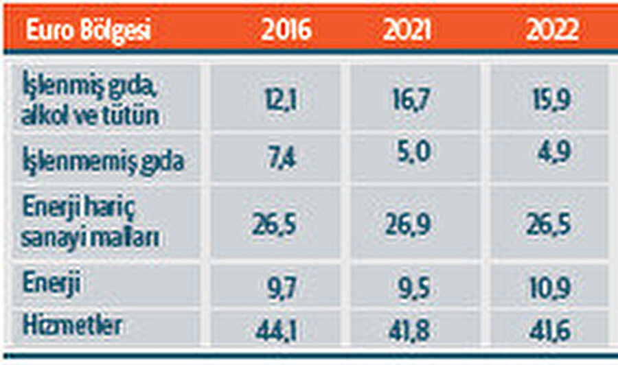 HICP alt kırılımlarının yıllar boyu agırlıkları (%). Kaynak: Eurostat