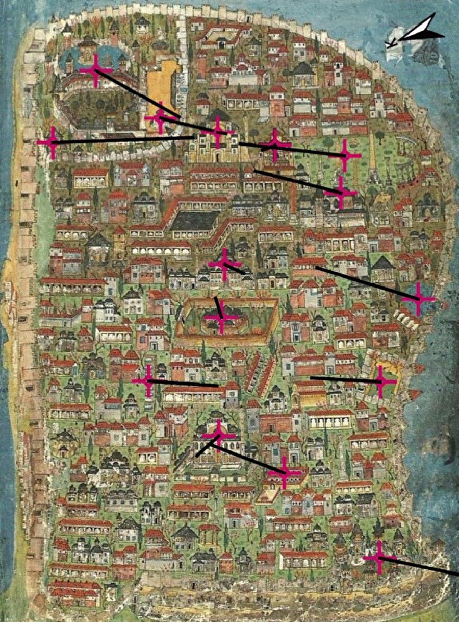 İstanbul Tarihi Yarımadayı Konu Alan Minyatürdeki Yapıların Doğruluğunun İncelenmesi- Pembeyle İşaretlenmiş Yerler Matrakçı Nasuh’un Minyatürde Çizdiği Konumu, Siyah Renkli Oklar İse Doğru Yeri Gösteriyor. (Hüseyin Zahit SELVİ - Gaye BEKİROĞLU KESKİN’nin çalışmasından)