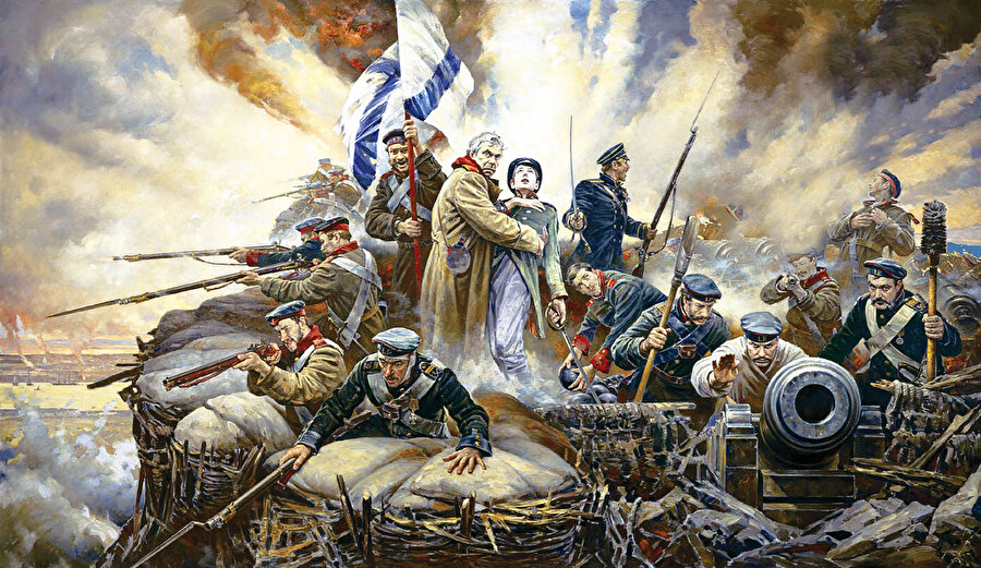 » Çar’ın Sivastopol gayreti: Rusya, Kiev’de küçük bir knezlik (beylik) olarak kurulmasının ardından hızlı bir yükseliş süreciyle büyük bir imparatorluk haline geldi. Moskova başkentliğinde Çarlık Rusya’sı Kiev’e de hükmediyordu.  Batılı devletler ile Rus Çarı’nın yolu çıkar çatışması sebebiyle Kırım’da kesişti. Fransa, İngiltere ve Osmanlı Devleti Çar’ın ordularının daha fazla ilerlemesine dur demek için Kırım’da savaşa tutuştu. Yukarıda görülen Vasili Igoreviç Nesterenko’ya ait resim Rusların Sivastopol savunmasını anlatıyor ve tabiatıyla propaganda kokuyor.