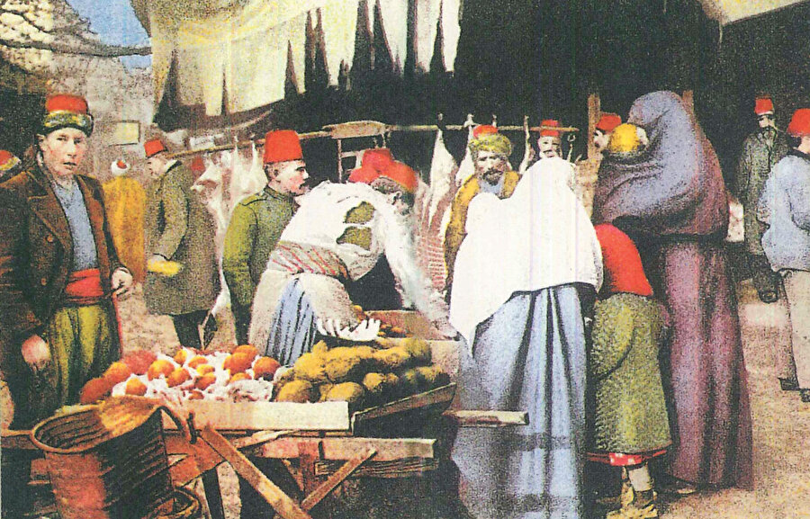 » Bereketi içinde: Ramazan yaklaşınca çarşı-pazarda bir telaş başlar. İftar sofraları için yapılan alışverişler ve bayram hazırlıkları esnafın yüzünü güldürür. Yandaki resim Osmanlı dönemine ait bir pazarın bu tatlı telaşını anlatıyor. 