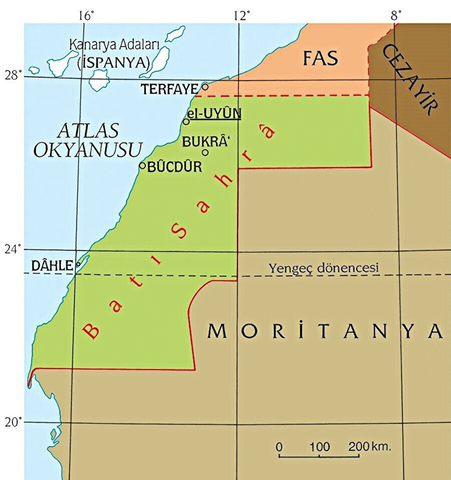 Fas-Cezayir-Moritanya arasında kalan Batı Sahra.