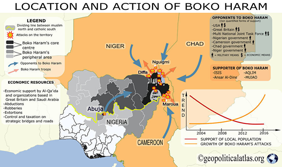 Boko Haram örgütünün faaliyet alanlarını gösteren bir harita.