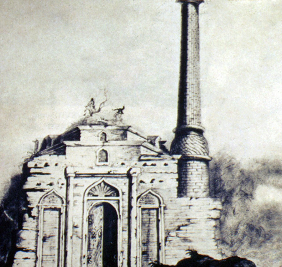 1770 yılına doğru adı bilinmeyen bir ressam tarafından çizilen ve Osman Bey Camii olarak teşhis edilmiş olan yapının gravürü (J. Molnár, Macaristan’daki Türk Anıtları, lv. XXI).