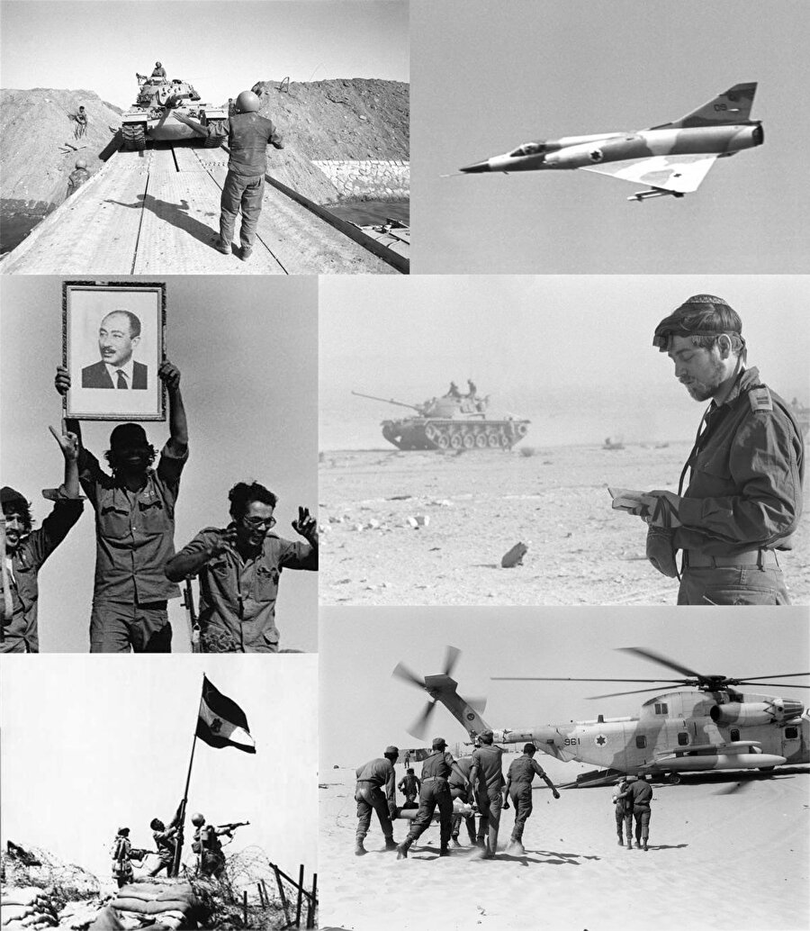 Yom Kippur Savaşı olarak isimlendirilen 1973 Arap–İsrail Savaşı'ndan bazı görüntüler: Sol üstten saat yönünde: İsrail tankları Süveyş Kanalı'nı geçiyor. - Golan Tepeleri üzerinde uçan Mirage V savaş uçağının İsrail Nesher varyantı. - Sina Yarımadası'nda dua eden İsrail askeri. - İsrail askerleri yaralı personeli tahliye ediyor. - Sina Yarımadası'ndaki eski bir İsrail konumunda Mısır bayrağını yükselten Mısır birlikleri. - Elinde Enver Sedat portresi olan Mısır askerleri.