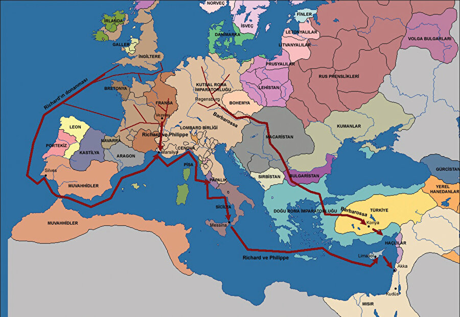 Haçlıların güzergâhları: Haçlı orduları kara ve deniz yoluyla Avrupa’yı geçerek kutsal topraklara ulaşmayı hedeflemişlerdi.