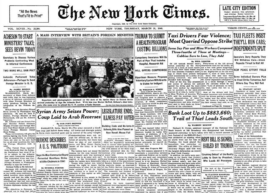 The New York Times’ın 31 Mart 1949 tarihli sayısı, Suriye’de yaşanan askerî darbeyi ilk sayfadan vermişti.