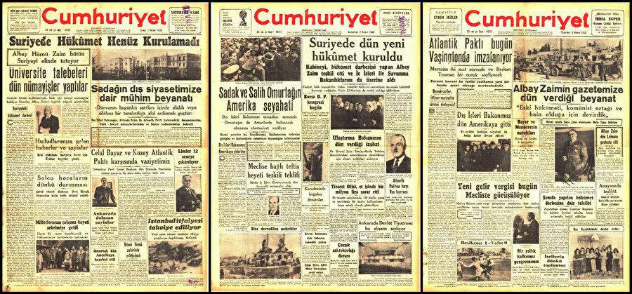 Soldan sağa sırasıyla 1, 2 ve 4 Nisan 1949 tarihli Cumhuriyet gazetelerinin ilk sayfaları.