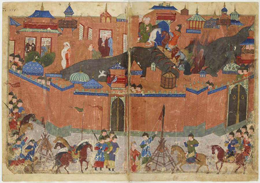 Moğol ordularının Bağdat kuşatmasını gösteren bir minyatür.
