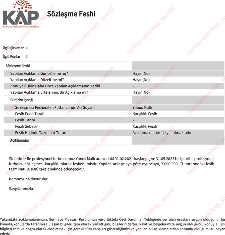 Trabzonspor'un KAP açıklaması