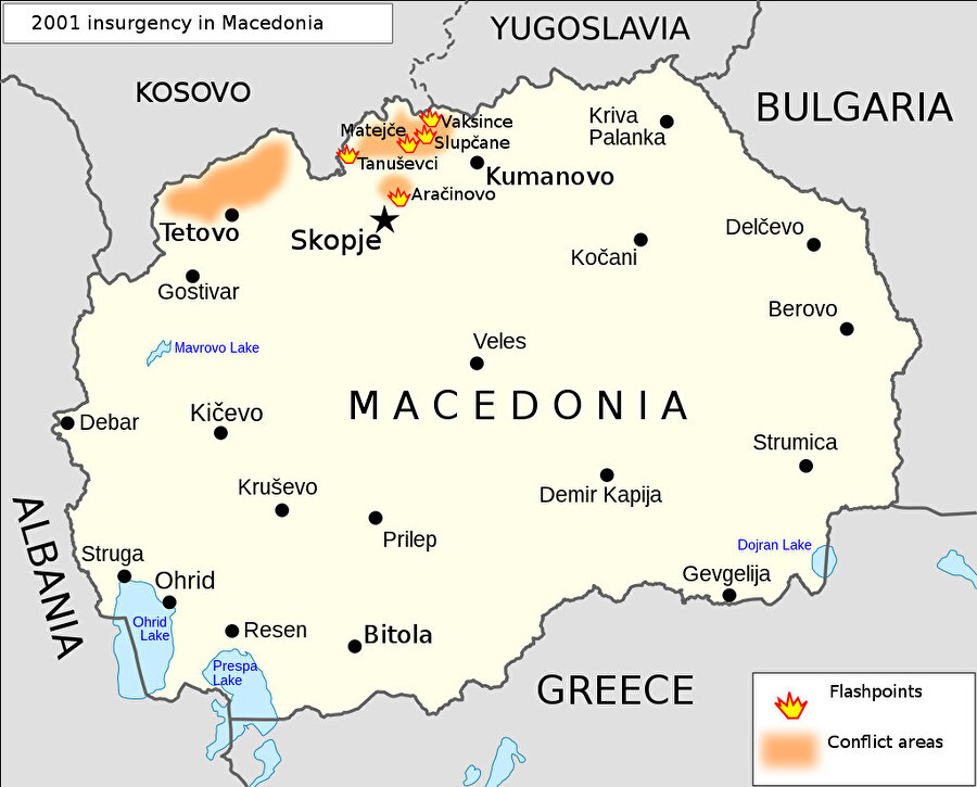 2001'de Makedonya'da çatışma ve sorun yaşanan bölgeler.