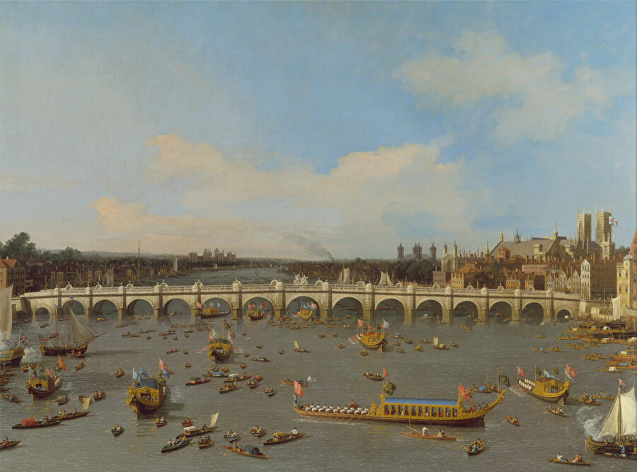 Westminster Bridge, with the Lord Mayor's Procession on the Thames, 1747.