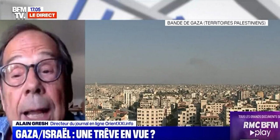 Fransa'nın en çok izlenen haber kanallarından BFMTV, gazeteci Alain Gresh'in İsrail'i, Gazze'ye son günlerde yaptığı operasyonlardan sorumlu tuttuğu röportajın görüntülerini kaldırdı. (8 Ağustos 2022)