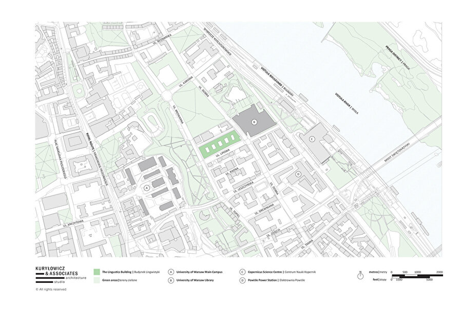 Varşova Üniversitesi’nin diğer yapılarını da gösteren vaziyet planı.