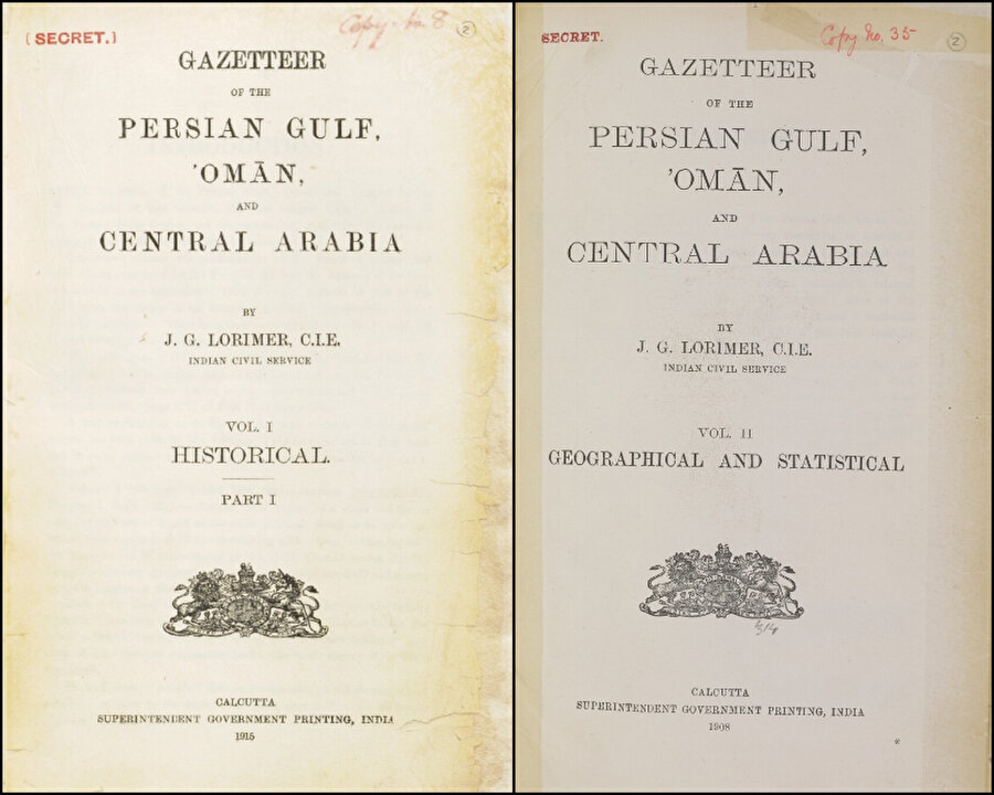 "Gazetteer of the Persian Gulf, Oman and Central Arabia"nın birinci ve ikinci cildinin iç kapakları.