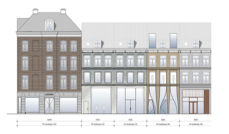 P.C. Hooftstraat caddesindeki 140-142 numaralı Brick Pixelation ve 138 numaralı The Looking Glass mağazalarının bulunduğu sokağın görünüşü.n 