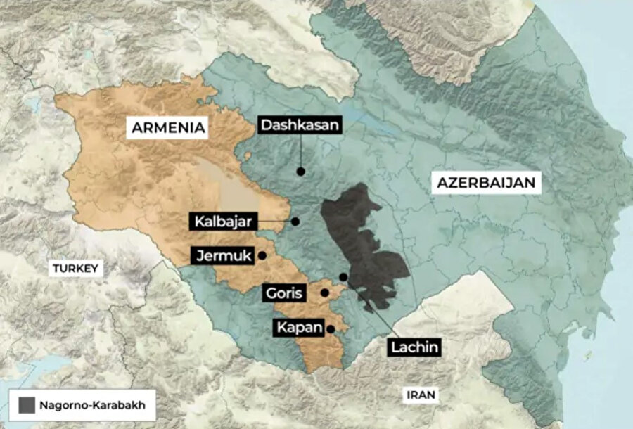 Ermenistan ve Azerbaycan, her iki taraftan da 176 askerin ölümüne yol açan ani çatışmanın yeniden başlamasını sona erdirmek için ateşkes müzakere etti. Harita: Al Jazeera.