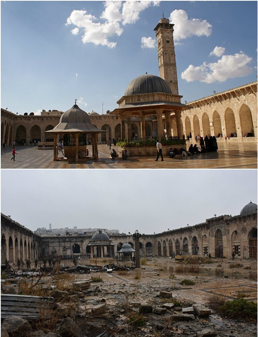 Halep Emevî Camii'nin Suriye'deki iç savaştan önceki hali (Üstte) ve çatışmalar sırasında tahrip edilen hali (Altta).