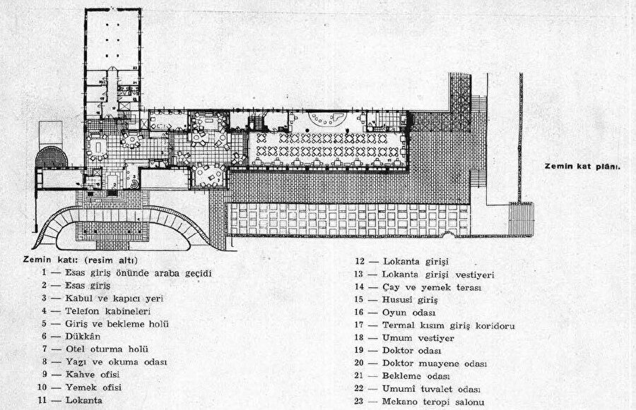 Otelin zemin kat planı, Kaynak: Arkitekt Dergisi.