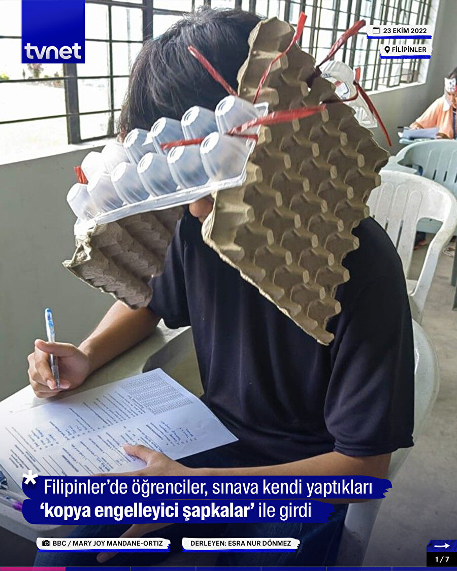 Filipinler’de öğrenciler, sınava kendi yaptıkları ‘kopya engelleyici şapkalar’ ile girdi