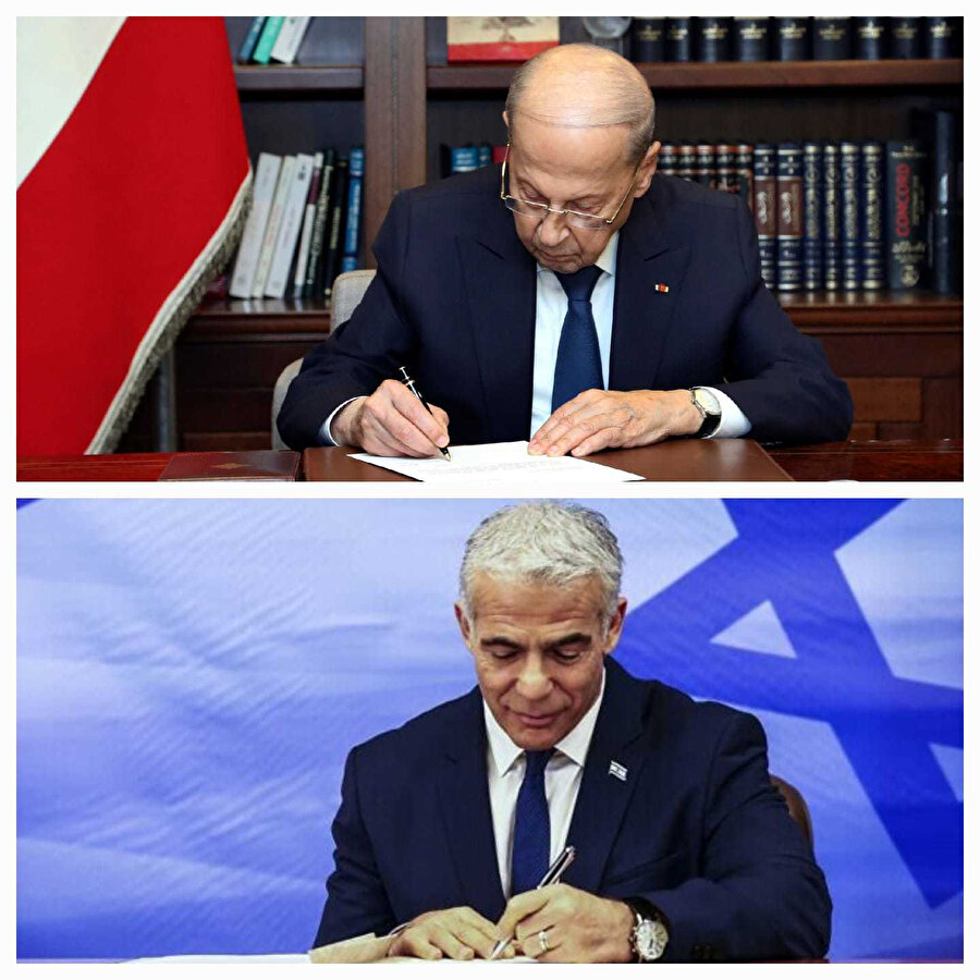 İsrail Başbakanı Yair Lapid, Kudüs'teki Başbakanlık ofisinde, Lübnan Devlet Başkanı Michel Aoun'sa Beyrut'taki Cumhurbaşkanlığı Sarayı'nda Lübnan ve İsrail arasındaki deniz sınırını belirleyen ABD aracılı anlaşmayı imzalarken 27 Ekim 2022.