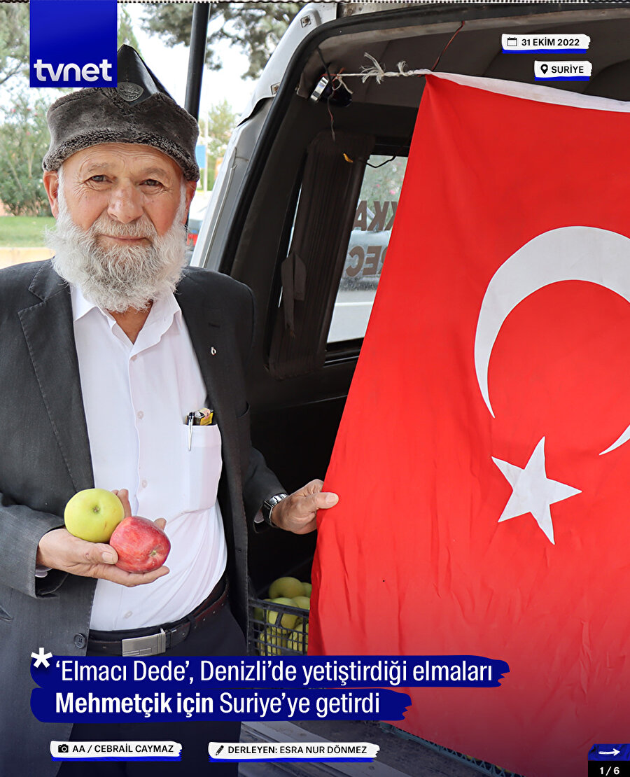 ‘Elmacı Dede’, yetiştirdiği elmaları Mehmetçik için Suriye’ye getirdi