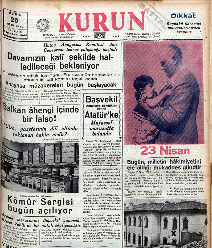 Kurun gazetesinin 23 Nisan 1937 tarihli nüshası.