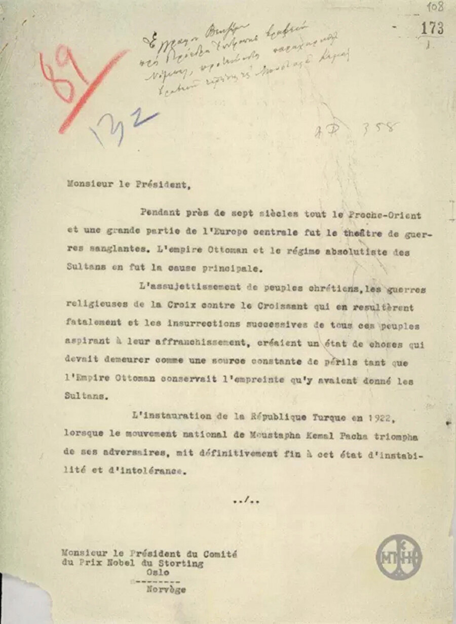 Venizelos M. Kemal’e Nobel Barış ödülü verilsin diye mektup yazmıştı.