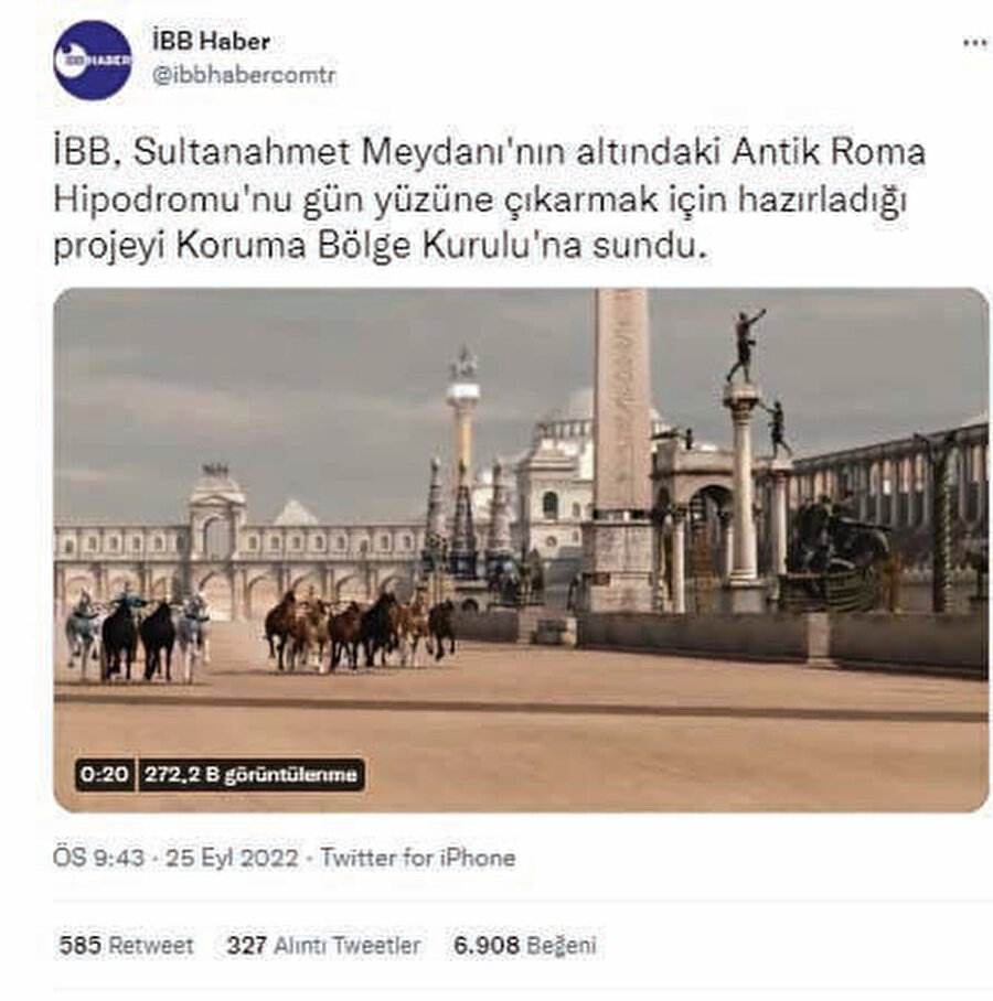 İBB Haber @ibbhabercomtr adresindeki haber ve video animasyonuna göre, Meral Akşener’in Türk’ün İstanbul’unu Bizans’ın Kostantinapolisi yapma girişimi nedeniyle sözde fatihi İmamoğlu yönetimindeki İBB, Sultanahmet Meydanı'nın altındaki Antik Roma Hipodromu'nu gün yüzüne çıkarmak için bir proje hazırlayarak Koruma Bölge Kurulu'na sunmuş. Proje onaylanırsa Sultan Ahmet Meydanı arkeolojik alana çevrilecek ve Bizans’ın ihyâsı için büyük bir adım daha atılmış olacak.