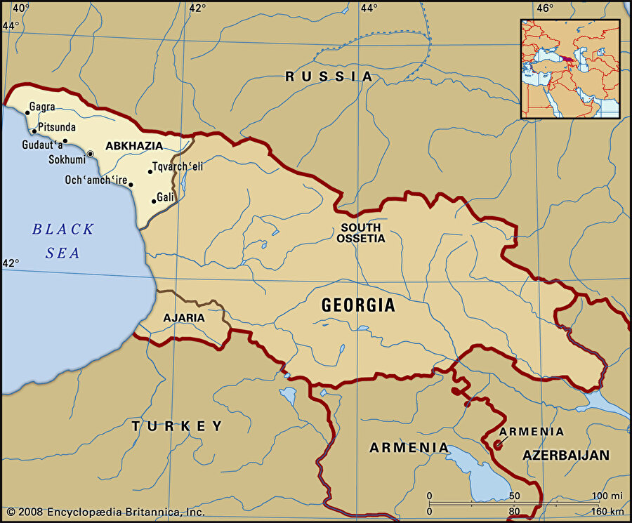 Gürcistan sınırları içinde bulunan Abhazya'nın coğrafik konumu.