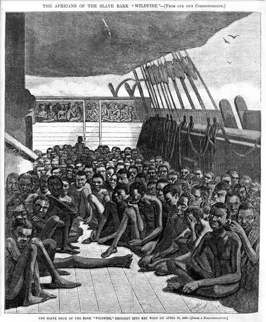 1860'ta Key West'e getirilen Wildfire adlı köle gemisinin güvertesini gösteren bir illüstrasyon.