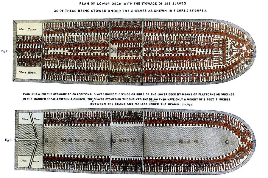Brooks gemisini ve 420'den fazla köleleştirilmiş yetişkin ve çocuğun gemide nasıl taşınabileceğini gösteren bir İngiliz bordasının detayı, 1790'lar.