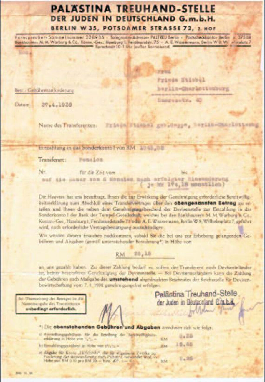 Nazi Almanyası'ndan göç edecek Yahudiler için Filistin Vekil Ofisi tarafından kullanılan Haavara belgesi.