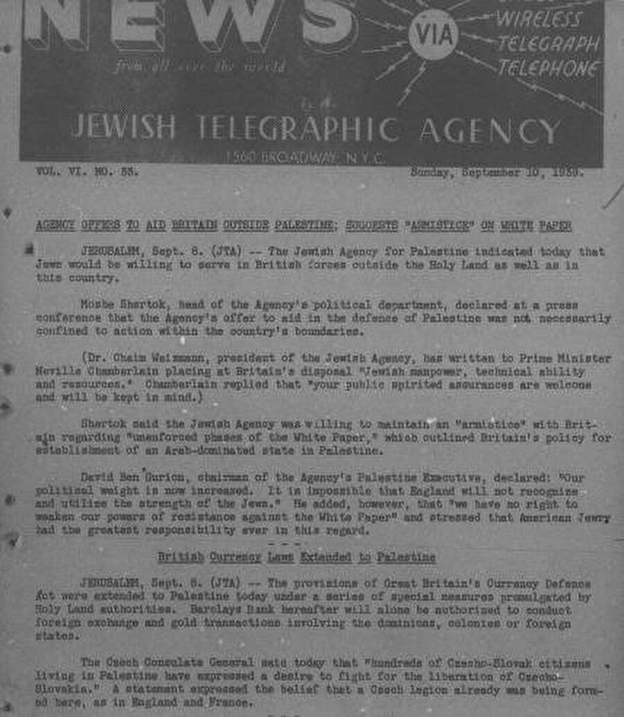 Yahudi Telegrafik Ajansı’nın 10 Eylül 1939 tarihli bülteni.