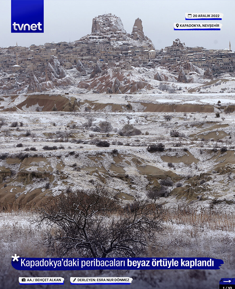 Kapadokya’daki peribacaları beyaz örtüyle kaplandı