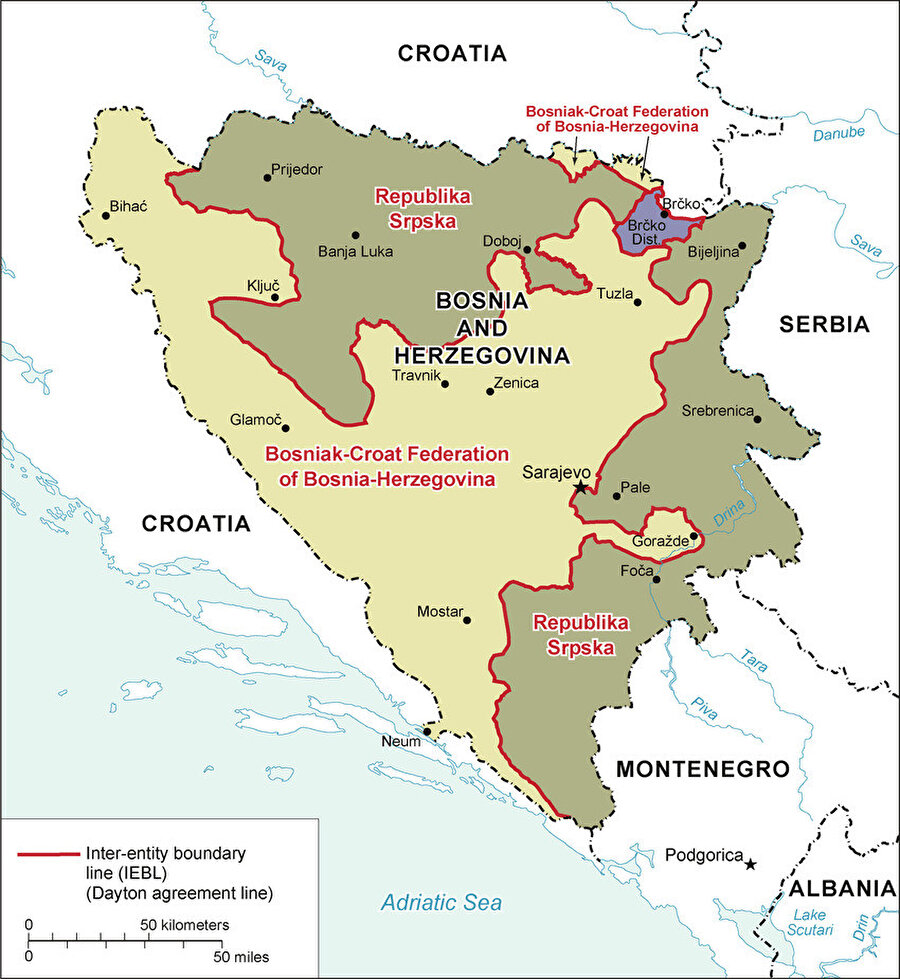 Dayton Anlaşmasına göre çizilmiş Bosna Hersek haritası.