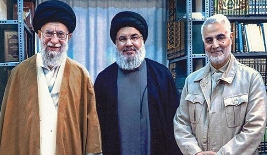 Soldan sağa: İran’ın dini lideri Hamaney, Hizbullah lideri Nasrallah ve Kasım Süleymani.