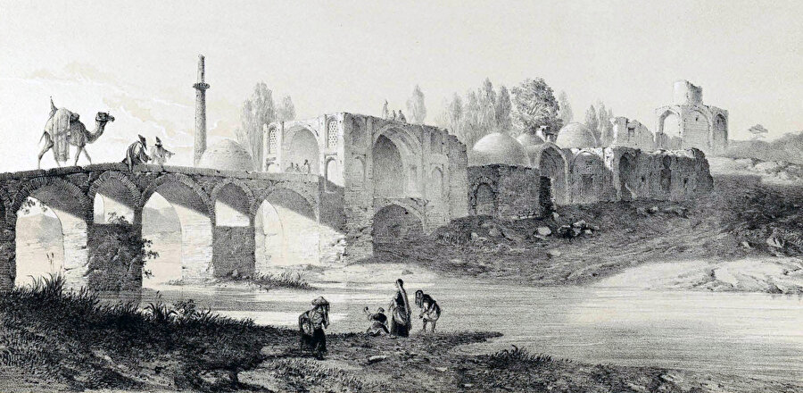 Fransız oryantalist Eugène Flandin tarafından çizilen Şehristânî Köprüsü’nün resmi.