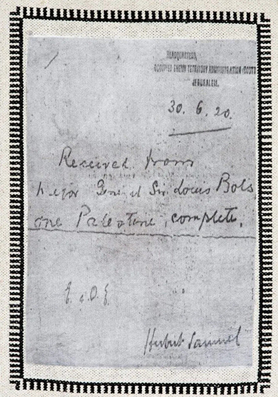 Filistin’in resmen İngiliz manda yönetimi altına alınmasından sonra, 1920’de valilik ve yüksek komiserlik görevine kendisi de bir Yahudi olan Herbert Samuel atandı. Samuel görevini, “Tek Filistin, işlem tamam” imzasını attığı makbuzla devraldı.