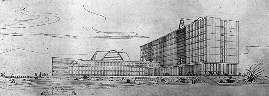 Yapının yarışma aşamasında sunulan çizimi, Kaynak: Arkitekt dergisi.