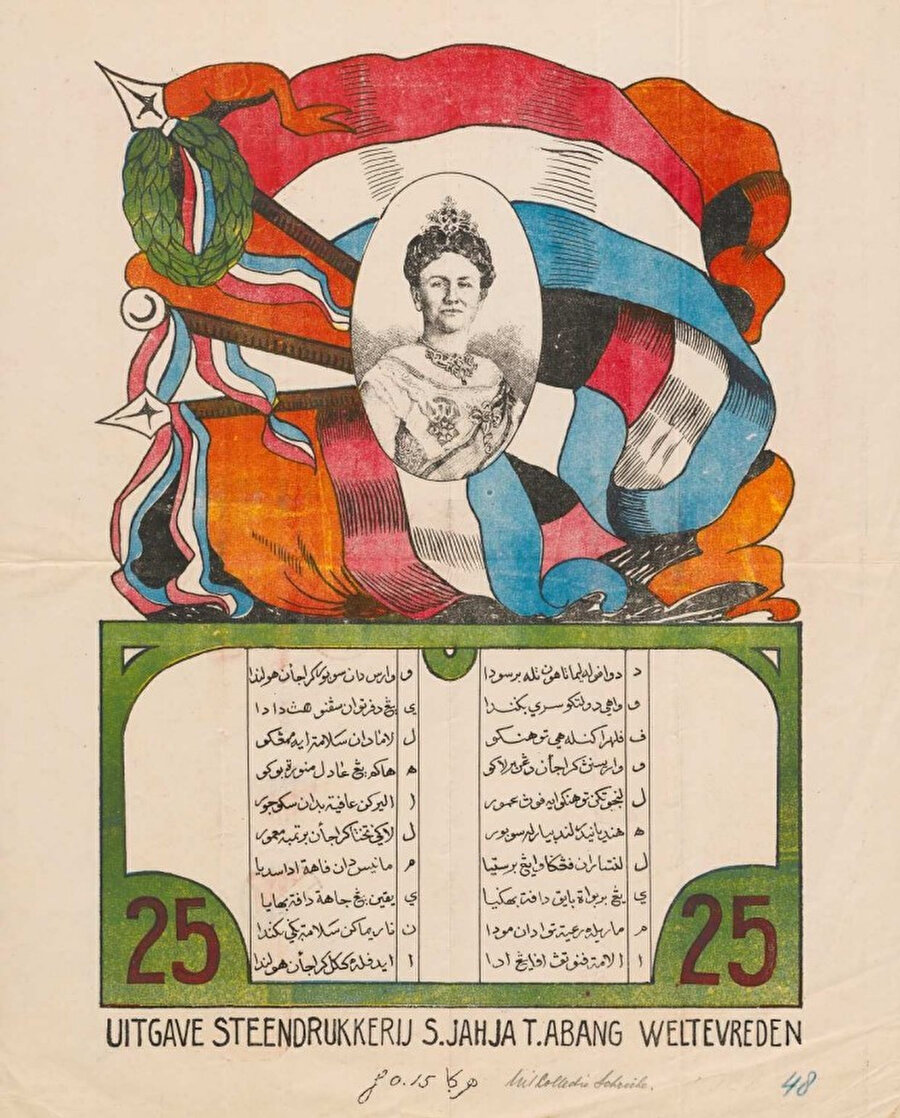 Kraliçe Wilhelmina'nın portresinin yer aldığı bu afiş, Seyyid Osman'ın oğullarından Yahya tarafından taş baskıya basılan Kraliçe Wilhelmina'yı ve krallığı öven Malayca bir akrostiş şiirdir.