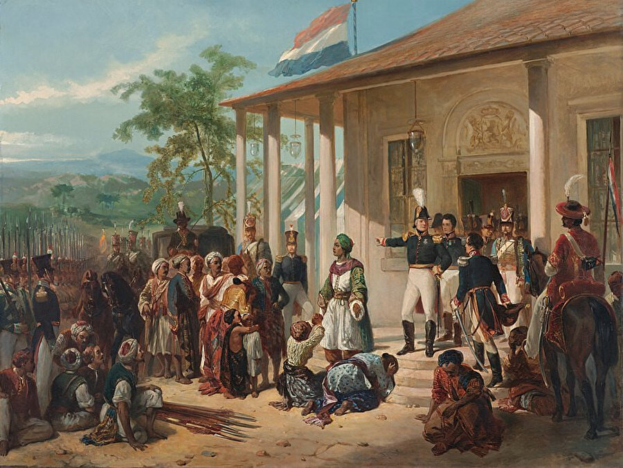 1825'teki Cava isyanını Hollandalıların bastırışını tasvir eden bir tablo.